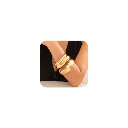 Denifery 3PCS Chunky Gold Bangle Bracelets Trendy Wide Chunky Bracelets Hammered Wrist Wrap Bracelet for Women (Gold) | Amazon (US)