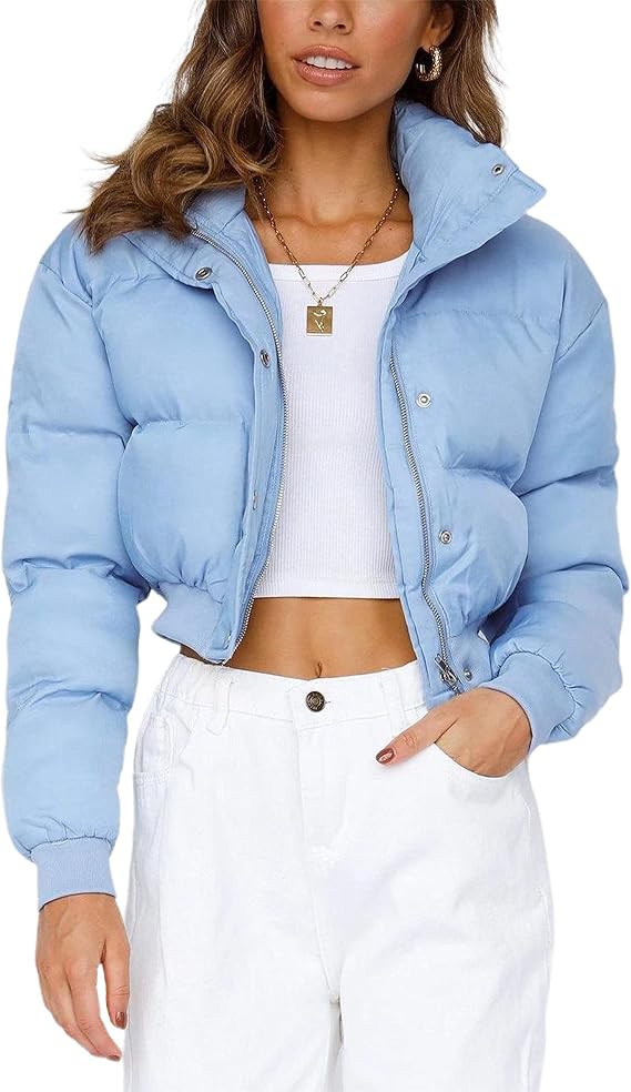 Lentta Women's Cropped Puffer Jacket Winter Long Sleeves Zip Up Short Padded Down Coat | Amazon (US)