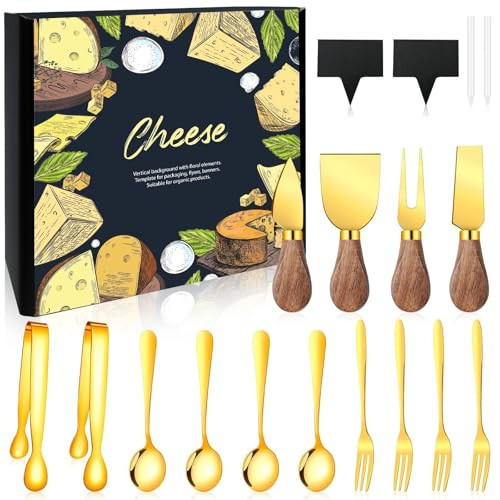 19 Pcs Cheese Knife Set Charcuterie Board Accessories Acacia Wood Handle Cheese Knife Tongs Spoons Forks Cheese Labels Chalk Markers Christmas Party Wedding(Golden) | Amazon (US)