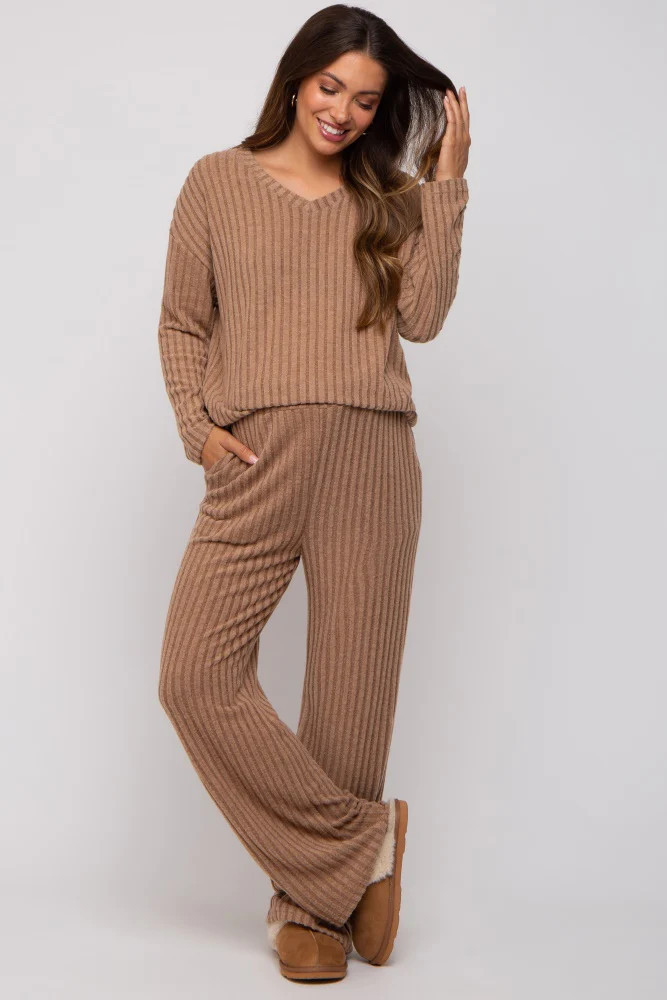 Mocha Ribbed Soft Knit Long Sleeve Maternity Pajama Set | PinkBlush Maternity