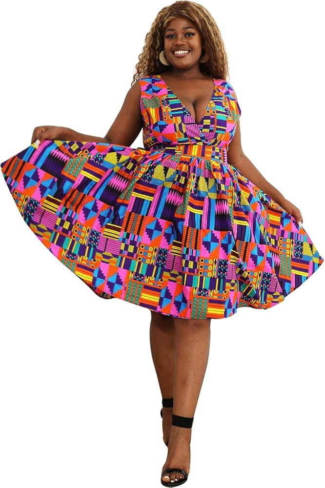 Women's African Print Dress Ankara Vintage Sexy Dresses with Belt | Amazon (US)