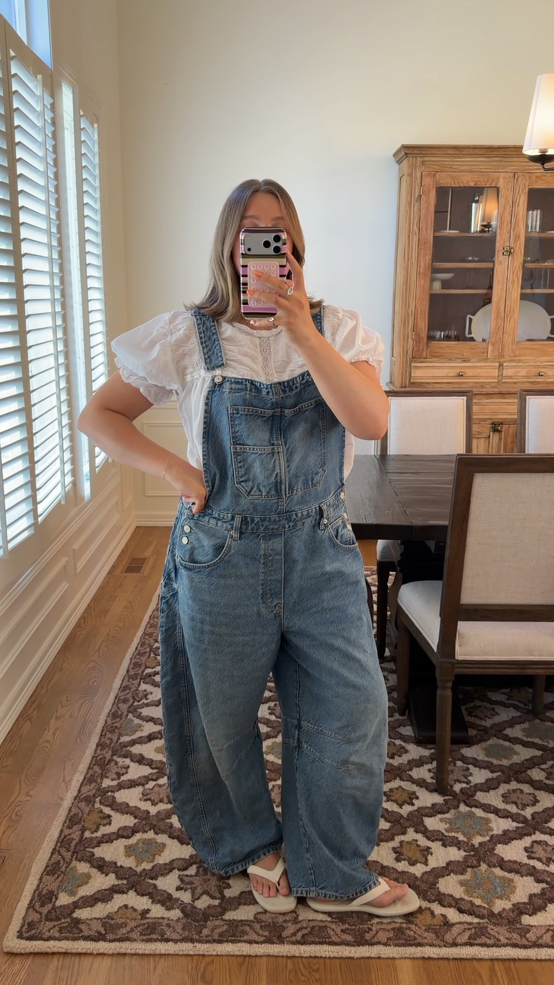 Large in overalls I actually size up for a super baggy fit I love! They do run loose tho true size is also fine. Size large in 100% cotton blouse I wear all the time it’s perfect/washes well. 

#momstyle #overalls #cotton