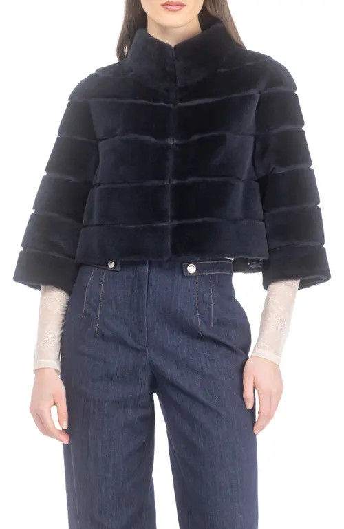 GORSKI Genuine Shearling Cropped Bolero with Cropped Sleeves in Navy at Nordstrom, Size X-Small | Nordstrom