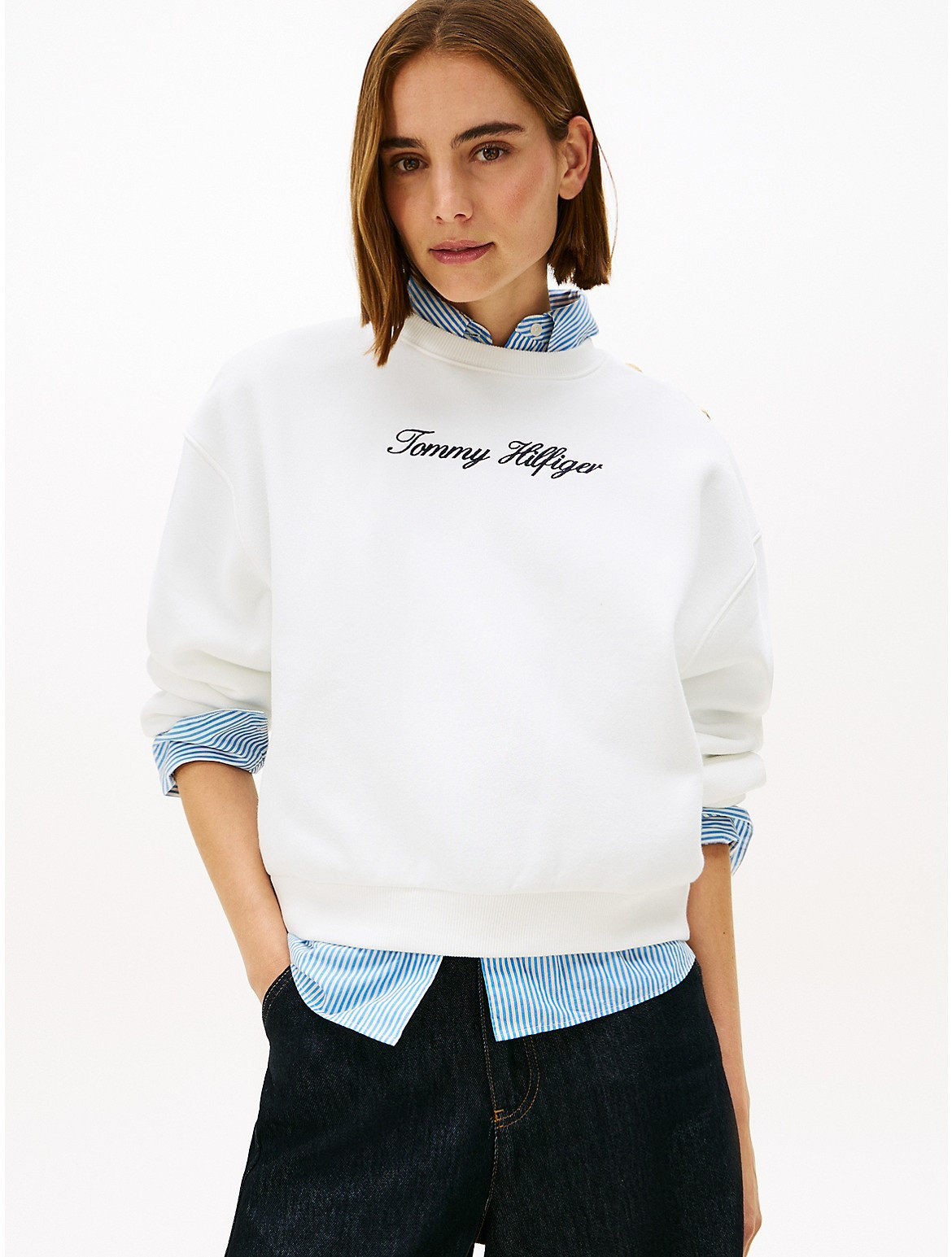 Tommy Hilfiger Women's Gold-Button Script Logo Sweatshirt - White - XXS | Tommy Hilfiger (US)