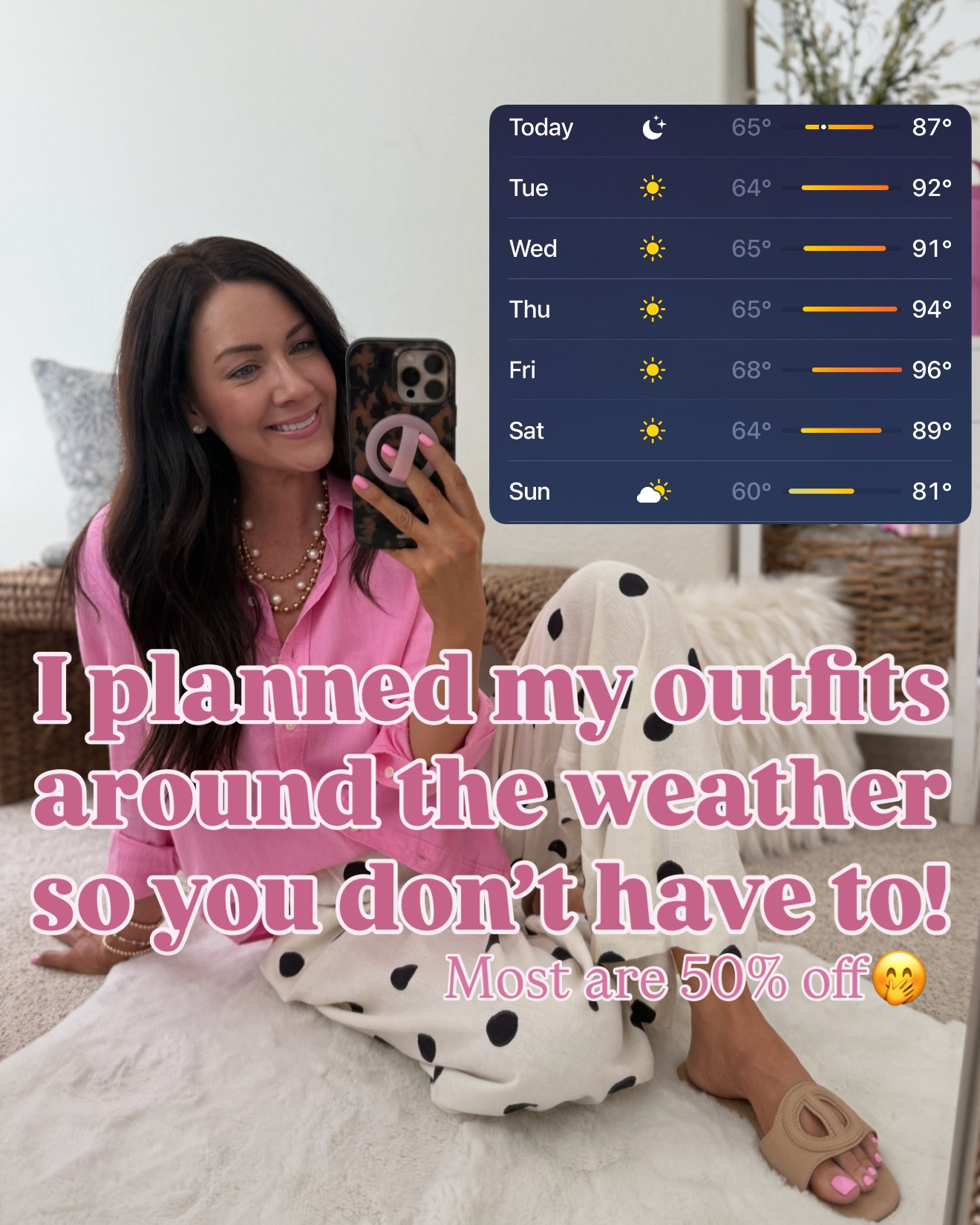 Planned my outfits around the weather this week so you don’t have to ☀️
90° days = light layers, easy pieces, and outfits that still feel put together (even when it’s way too hot 🫠)
Also… everything is affordable because cute outfits shouldn’t require a vacation budget ✨
Saving these for spring break, real life, and everything in between.
.
.


#LTKSaleAlert #LTKmomlife #LTKSeasonal