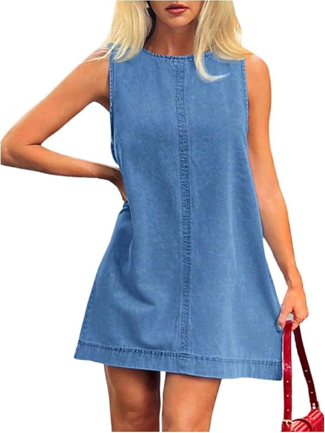 Milumia Women's Crew Neck Sleeveless Jean Denim Mini Dress Concert Outfits | Western, Loose Fit, ... | Amazon (US)
