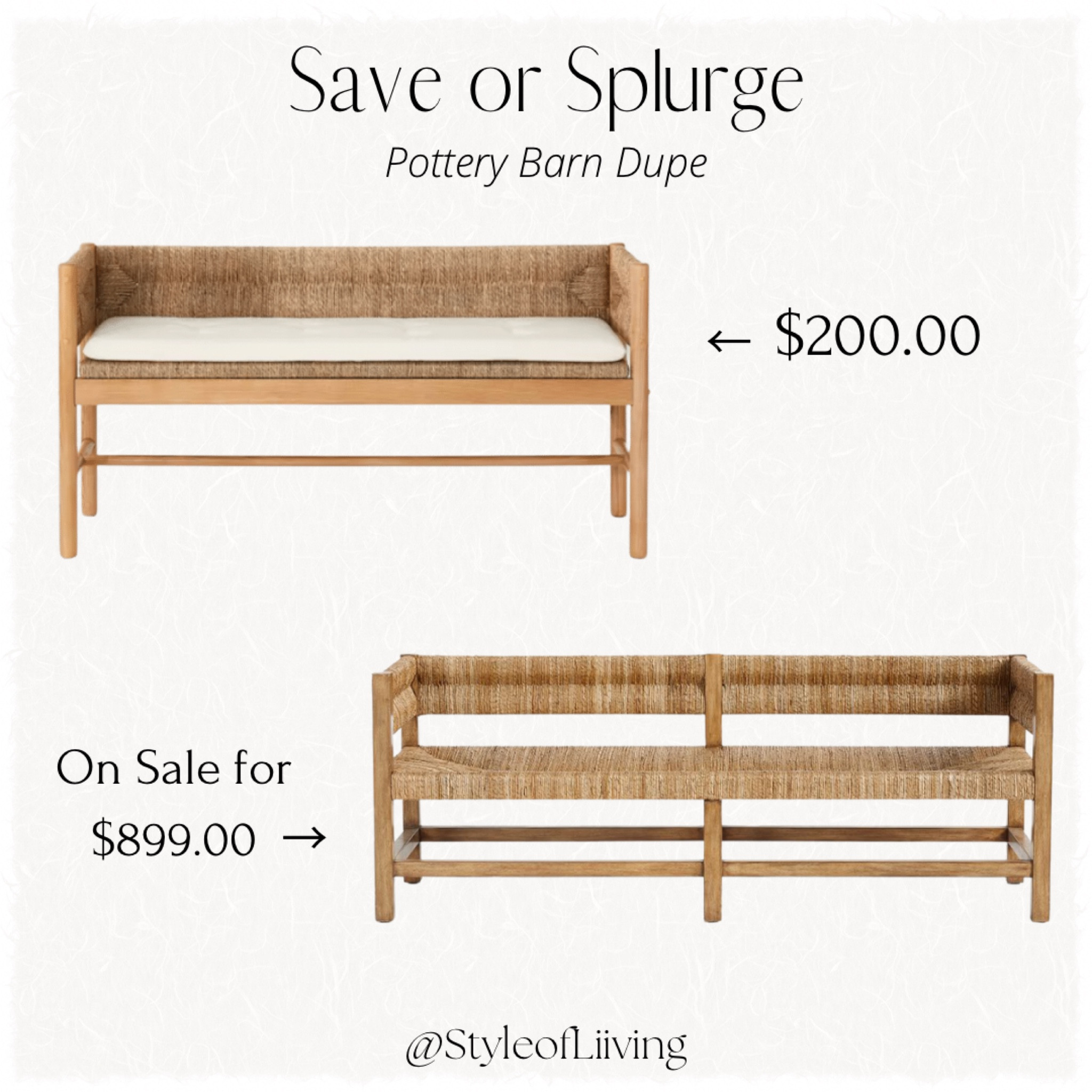 Pottery Barn dupe! Save or splurge. Low budget vs high budget finds. Malibu woven bench is currently on sale ($100 off original price). Honey finish. Artisan-made , handwoven from seagrass cord expertly wrapped around a wood frame. Or save with Target’s Elden wood bench with woven back and loose cushion seat by Threshold! 4 star reviews , $200!

#LTKstyletip #LTKsalealert #LTKhome