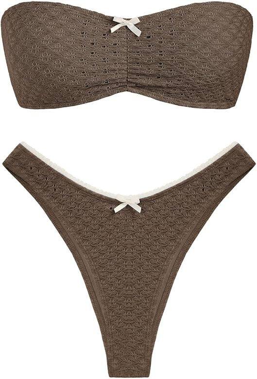 ZAFUL Women's Strapless Bikini Openwork Textured Bow Ruched Lace Up High Cut Bandeau Swimsuit Bat... | Amazon (US)
