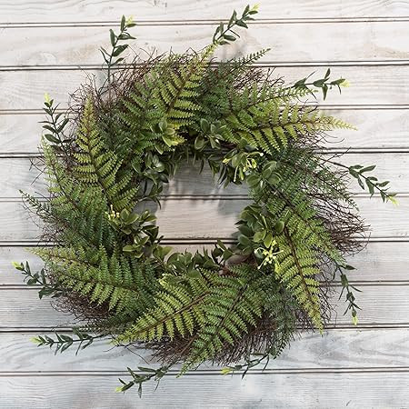 Pure Garden Artificial Fern Grapevine Base-UV Resistant Greenery Wreath with Blossoms, Slim Profi... | Amazon (US)