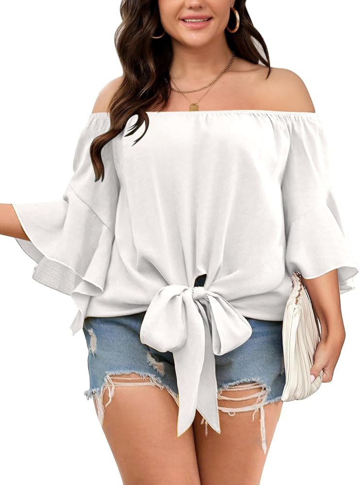 Womens Plus Size Off The Shoulder Blouse Tops Half Sleeves Tie Front Sexy Flowy Top | Amazon (US)