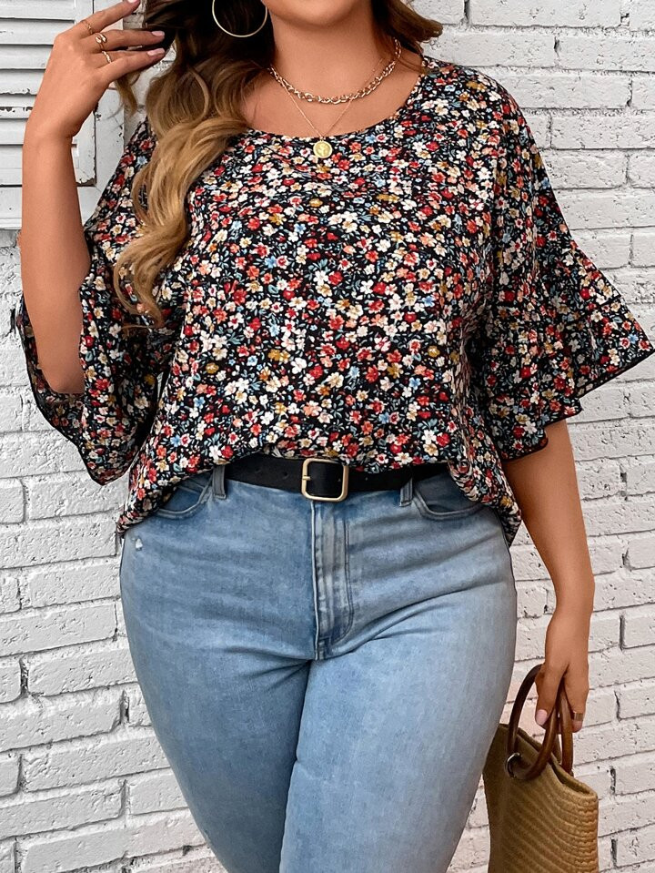 SHEIN LUNE Plus Allover Print Flounce Sleeve Blouse | SHEIN