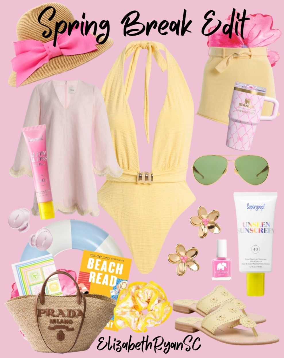 Spring Break Edit ☀️🌸

All my sunny getaway favorites for the perfect beach day, from the sweetest yellow halter swimsuit to breezy coverups, beachy accessories, and glow boosting SPF. Just add sunshine, a Stanley full of something cold, and a good beach read. 🐚💛

Linked in this edit:
✨ Yellow halter one piece swimsuit
✨ Straw sun hat with pink bow
✨ Lightweight beach coverup blouse
✨ Yellow drawstring shorts
✨ Prada raffia tote beach bag
✨ Pink Stanley tumbler
✨ Aviator sunglasses
✨ Floral statement earrings
✨ Yellow scrunchie hair tie
✨ Supergoop Glow Gloss SPF 40 lip balm
✨ Supergoop Unseen Sunscreen SPF 40
✨ Pink Ella + Mila nail polish
✨ Jack Rogers sandals
✨ Colorful beach towels
✨ Beach read book

Perfect for spring break outfits, beach vacation style, preppy beach looks, resort wear, swimwear, sunscreen, and beach bag essentials. ☀️🌴💗

Vacation Outfits Beach
Spring Outfits 2026

#LTKSwim #LTKSeasonal #LTKTravel
