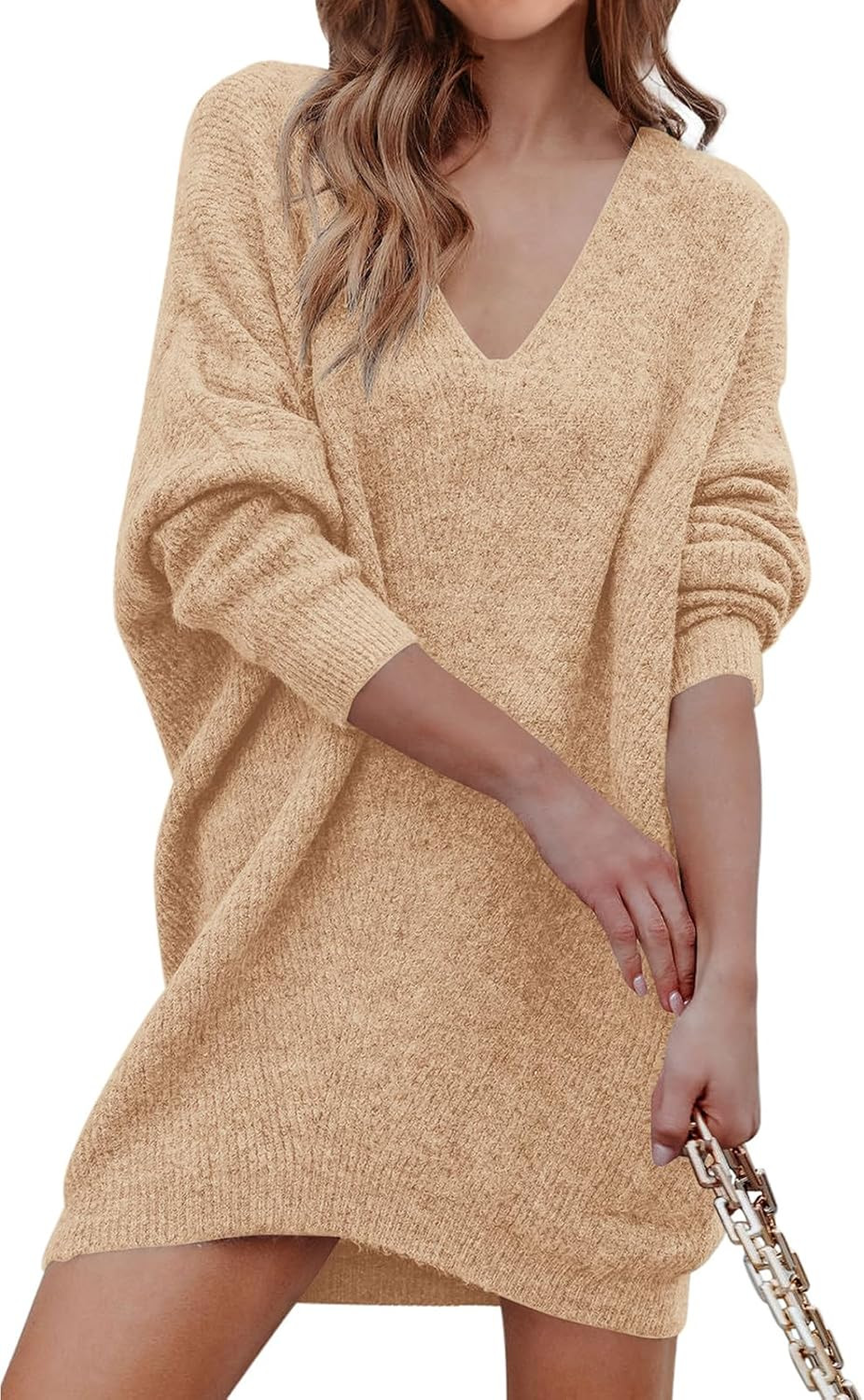 PRETTYGARDEN Women's Pullover Sweater Dress Casual Long Sleeve Ribbed Knit V Neck Loose Oversized Sweaters Dresses | Amazon (US)