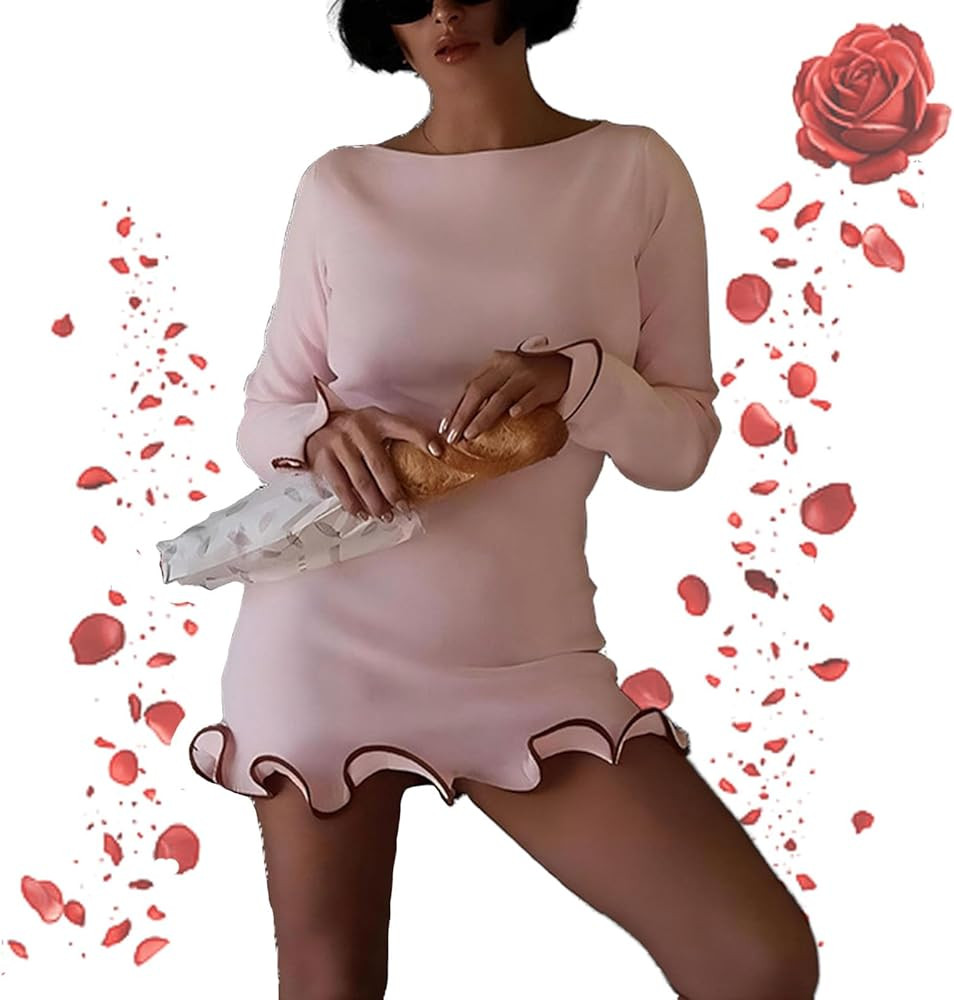 Womens Contrast Binding Flounce Sleeve Bodycon Elegant Boat Neck Long Sleeve Bodycon Mini Ruffle ... | Amazon (US)