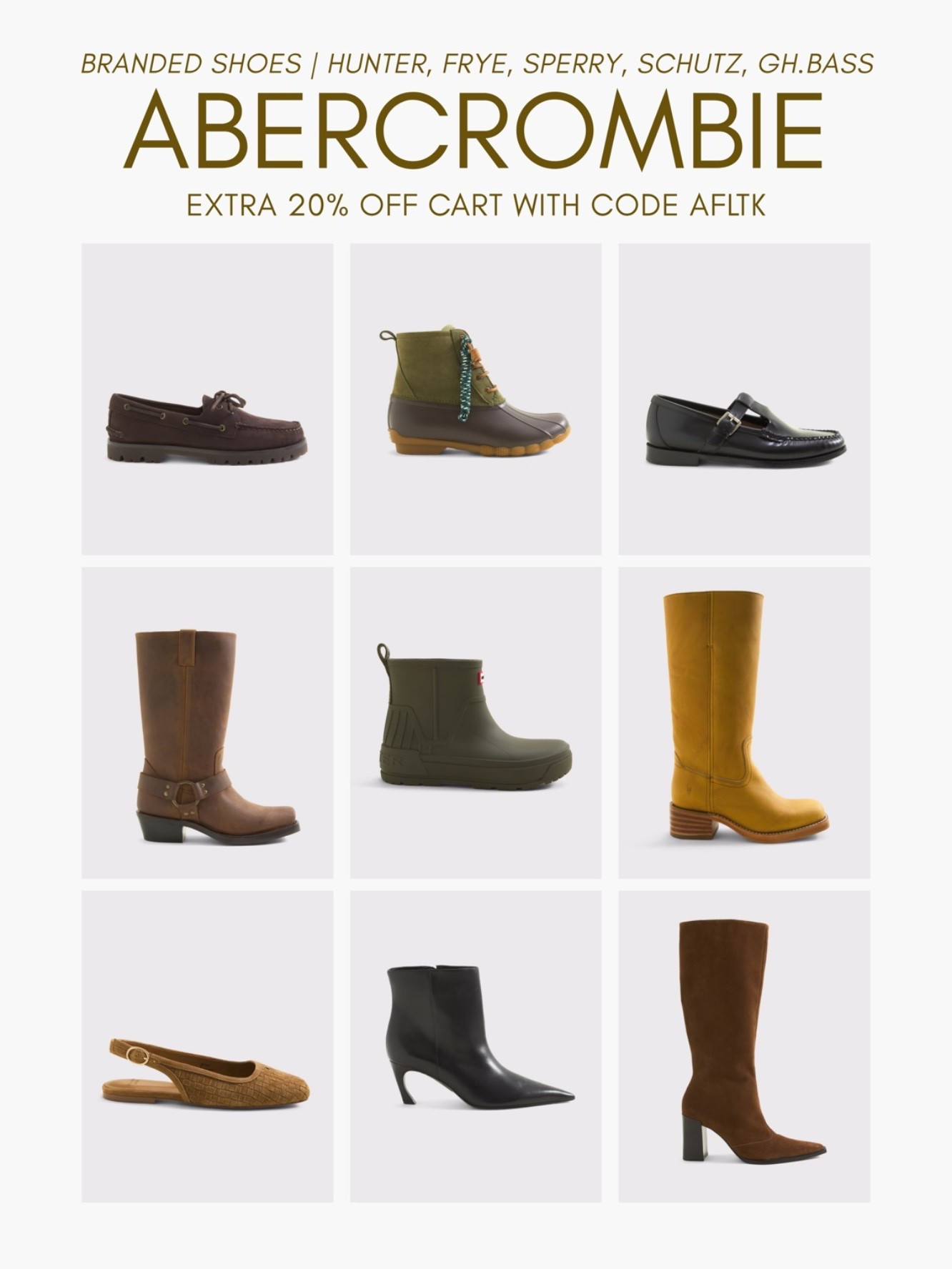 [10/10/26] @abercrombie has the cutest shoe brands available and so many great styles for fall & winter! Currently on sale with code AFLTK for 20% off | linking favorites from Frye, Schutz, Hunter and more!!