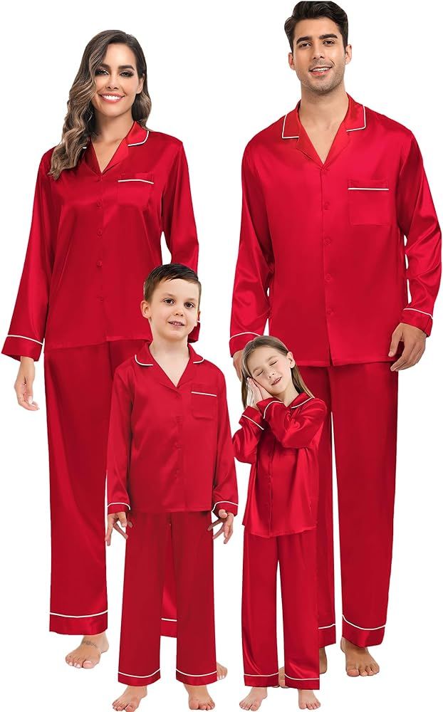 SWOMOG Family Matching Button Down Pajamas Pjs Silk Satin Long Sleeve Shirt Long Pant Set Sleepwear  | Amazon (US)