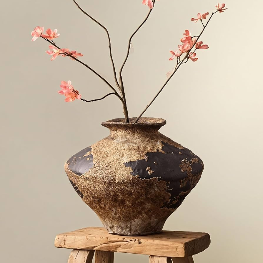 Vintage Wabi\u2011Sabi Ceramic Pottery Vase, Distressed Rough Textured Terracotta Vase, Rustic Fa... | Amazon (US)