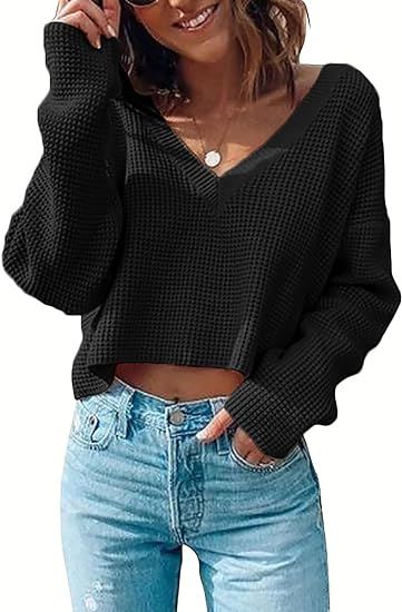 Zeagoo Women Long Sleeve Tops Waffle Knit Shirts Fashion Cropped Top Casual V Neck T Shirts | Amazon (US)