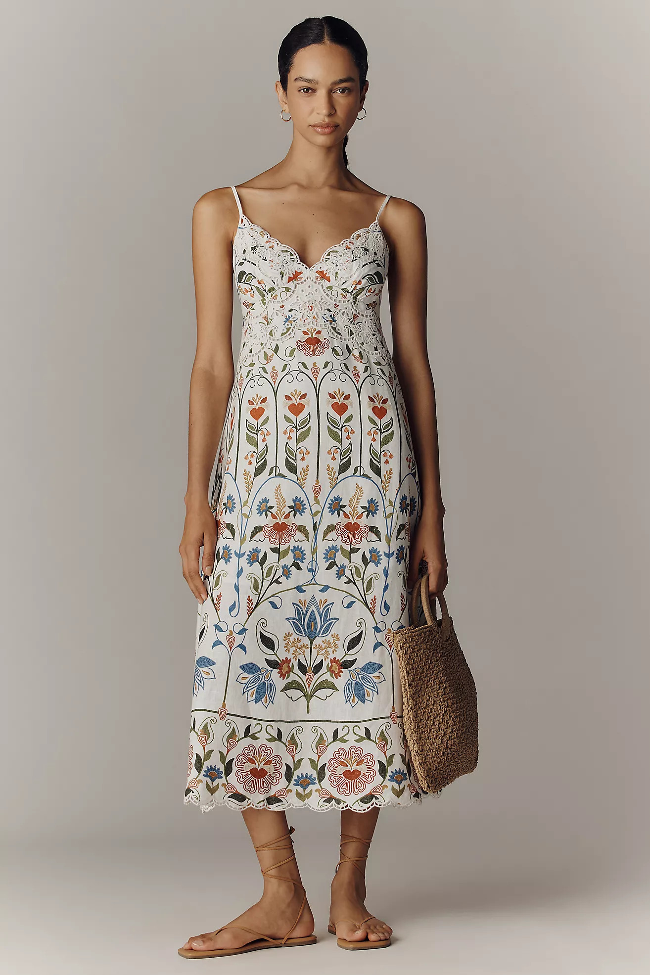 Farm Rio Scalloped Sleeveless Linen V-Neck Midi Dress | Anthropologie (US)