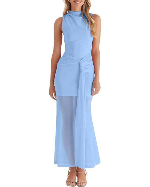 OWIN Women’s Bodycon Long Maxi Dress Elegant Sleeveless Mock Neck Ruched Mesh Sheer Hem Cocktai... | Amazon (US)