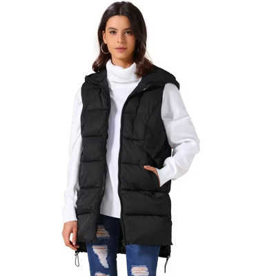 INSPIRE CHIC Women's Winter Hooded Sleeveless Down Long Puffer Vest with Pockets Small Black | Target