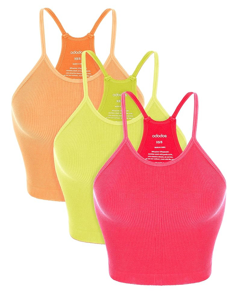 ODODOS Women's Crop 3-Pack Seamless Rib-Knit Camisole Crop Tank Tops | Amazon (US)