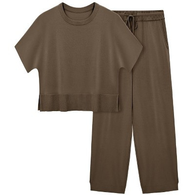 Imily Bela Womens 2 Piece Outfits Sweater Sets Knit Split Crop Tops High Waisted Pants Lounge Set Brown L | Target
