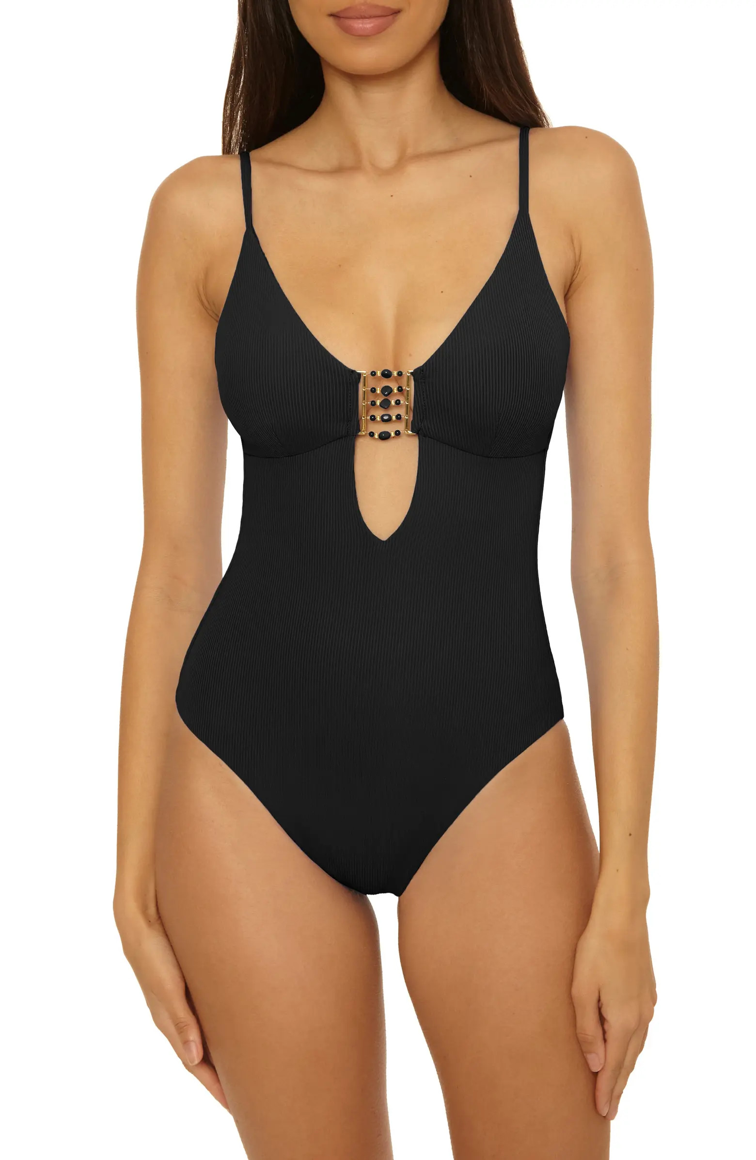 Modern Edge Beaded Cutout Rib One-Piece Swimsuit | Nordstrom