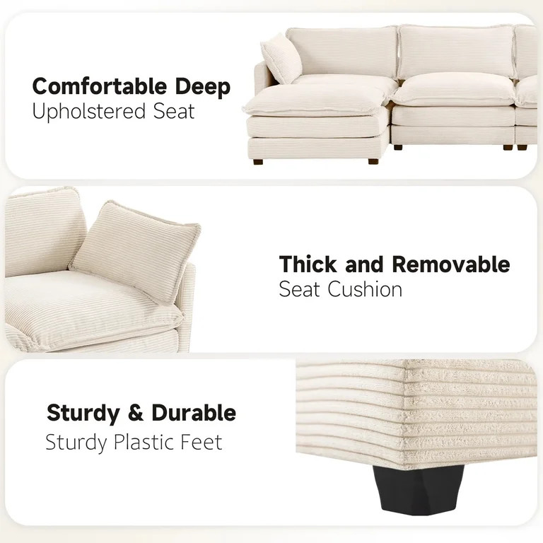 JUSTLET Sectional Sofa with Ottoman, L Shaped Corduroy Cloud Couch with Chaise, Modular Sectional... | Walmart (US)