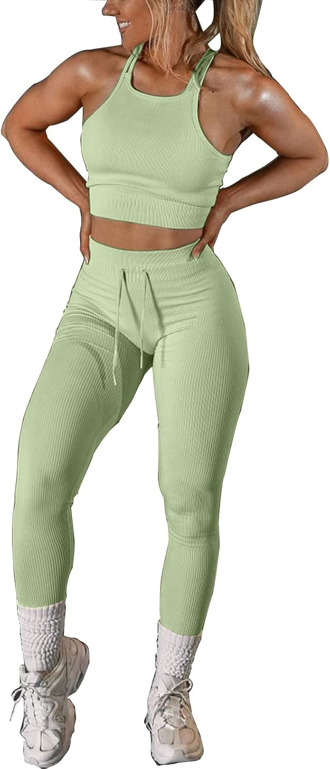 Asyrui Workout Outfits for Women 2 Piece Set Seamless Ribbed Racer Crop Tops Ruched Butt Lifting ... | Amazon (US)
