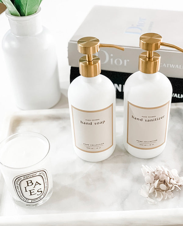 MADISON Glass Decanters with Gold Metal Pump Set of 2 | Mayfair & Co. (US)