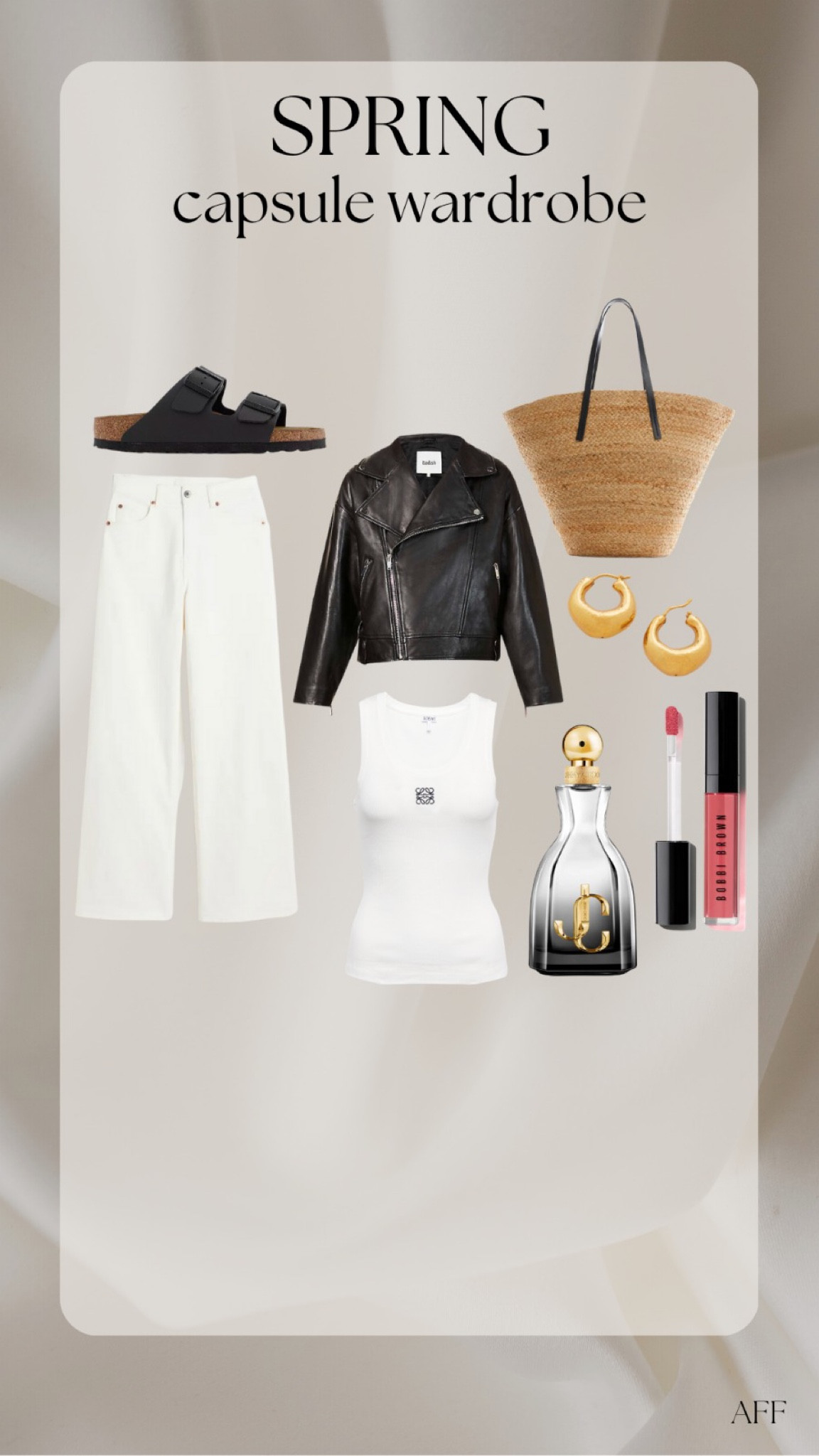 Spring capsule wardrobe outfit ideas - black Birkenstock Arizona sandals, mango basket bag, black leather jacket, H&M white wide leg jeans, Loewe white vest top, Jimmy Choo perfume, Bobbi brown lipgloss & gold monica vinader hoops  

#LTKSeasonal #LTKeurope #LTKstyletip
