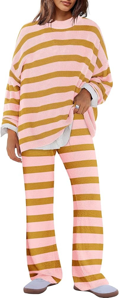 Panadila Womens Oversized Lounge Sets Striped Sweater Set 2 Piece Pajama Set Long Sleeve Top and ... | Amazon (US)