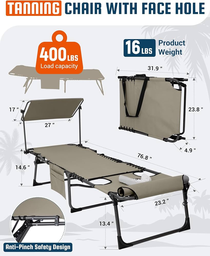 KingCamp Lounge Chair with face Hole & Canopy Shade, 400LBS Folding Portable Tanning Chair with f... | Amazon (US)