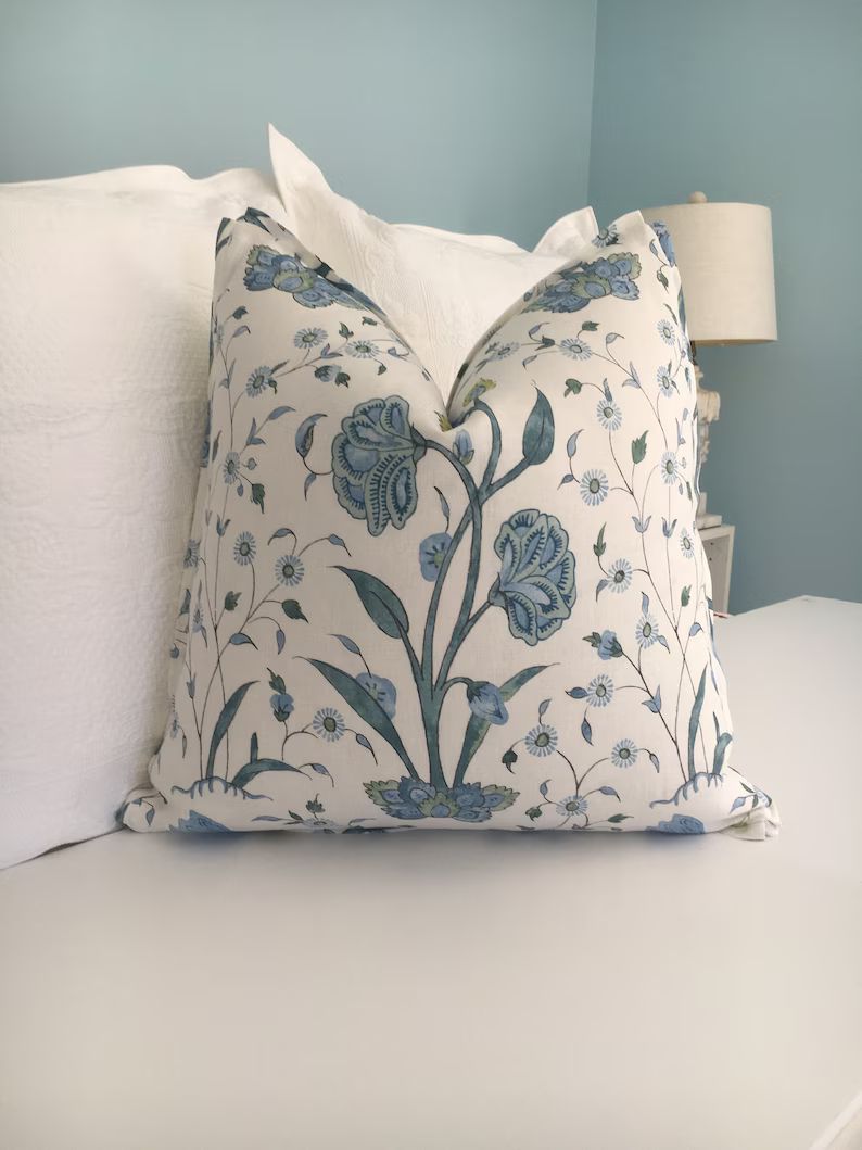Schumacher Khilana Floral High End Pillow Cover. Aqua/Blue Designer Pillow cover. Hand blocked de... | Etsy (US)