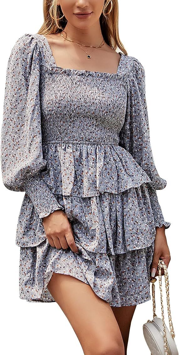 Byinns Women's Square Neck Ruffle Dress Long Sleeve Floral Print Tiered Tie Back Layered Swing Mini  | Amazon (US)