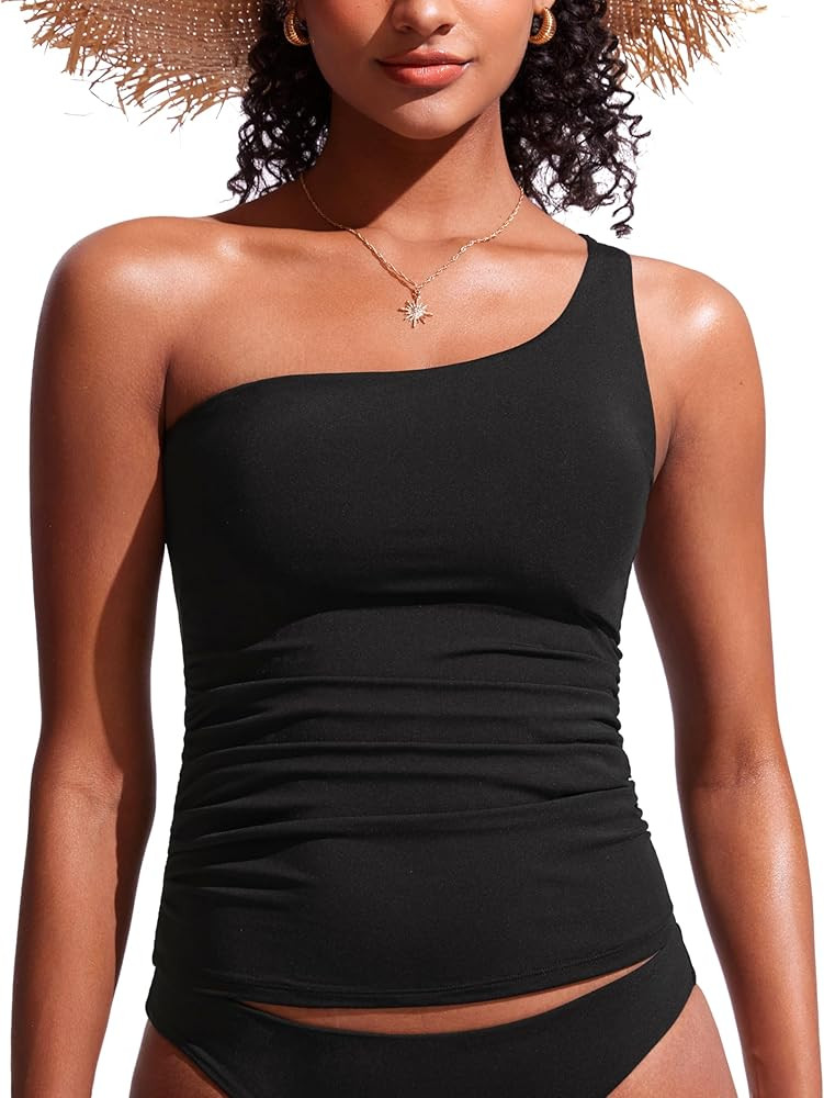CRZ YOGA One Shoulder Tankini Tops for Women Ruched Bathing Suits Tummy Control Adjustable Swimsu... | Amazon (US)