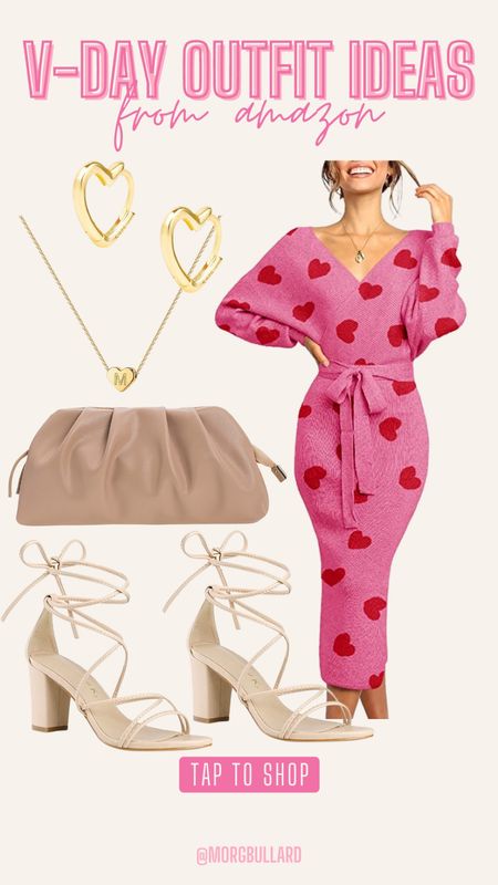 Valentines Day Outfit Ideas | Heart Dress | Heart Sweater | Nude Heels | Nude Clutch | Valentines Day Dress | Valentines Day look 

#LTKunder50 #LTKSeasonal #LTKunder100