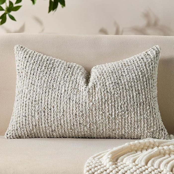Decorative Lumbar Pillow Cover 12x20 Cream Gray Striped Soft Wool Lumbar Throw Pillow Neutral Tex... | Amazon (US)