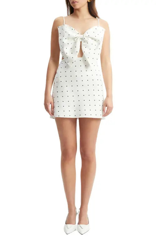Bardot Vieda Bow Linen Minidress in White Black Spot at Nordstrom, Size 2 | Nordstrom