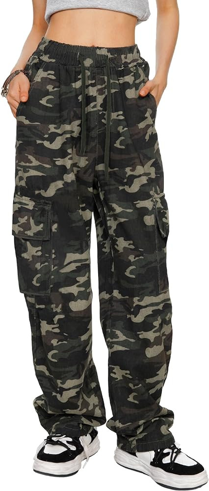 HVEPUO Camo Pants Women High Waisted Wide Leg Casual Y2K Camoflage Cargo Pants Baggy Elastic Wais... | Amazon (US)