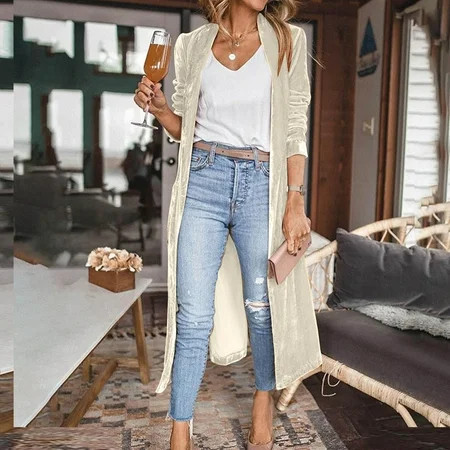 Womens Velvet Duster Cardigan Velvet Cardigan for Women Long Lapel Long Sleeve Shirt with Pockets Mid-Length Open Front Trench Kimono Coat | Walmart (US)