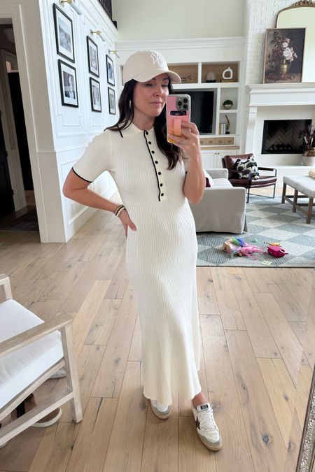 Casual mom outfit ready for anything even travel! This button front polo maxi knit dress is HIGH QUALITY and under $40! Fits amazingly and true to size. I’m eating a small. 

Paired with some sneakers. I linked my golden goose here and a loo alike option. 

Neutral NY ball cap linked as well. Selling out fast though. 

#LTKTravel #LTKStyleTip