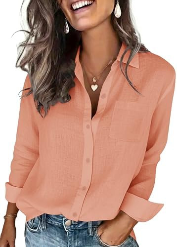Womens Cotton Linen Textured Shirt Long Sleeve Button Down Collared Blouses Dressy Casual Gauze T... | Amazon (US)