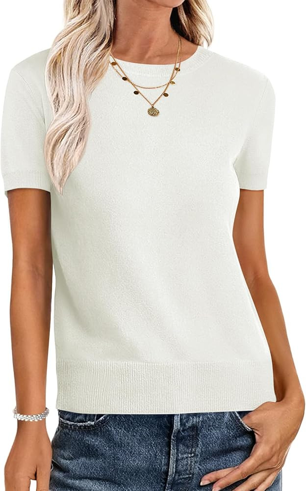 ANRABESS Womens Short Sleeve Sweaters Wool Blend Crew Neck Sweater Shirts Business Casual Work To... | Amazon (US)