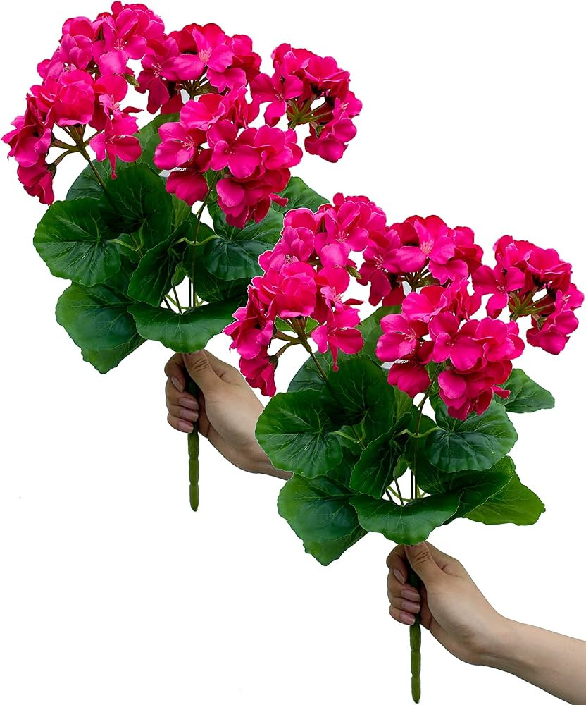 2PCS Artificial Geraniums Silk Flowers Outdoor UV Resistant Garden Plants Bush (DeepPink) | Amazon (US)
