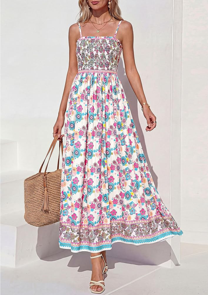PRETTYGARDEN Womens Floral Maxi Dress Boho Casual 2026 Summer Spaghetti Strap Smocked Sleeveless ... | Amazon (US)