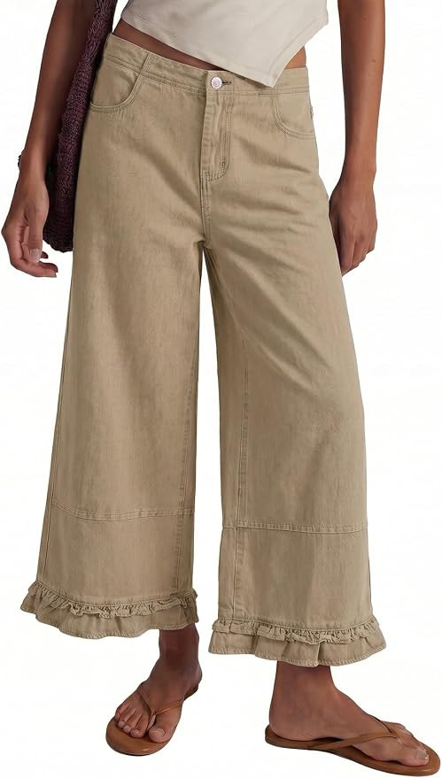 EVALESS Womens Wide Leg Jeans Ruffle Hem Denim Pants | Amazon (US)