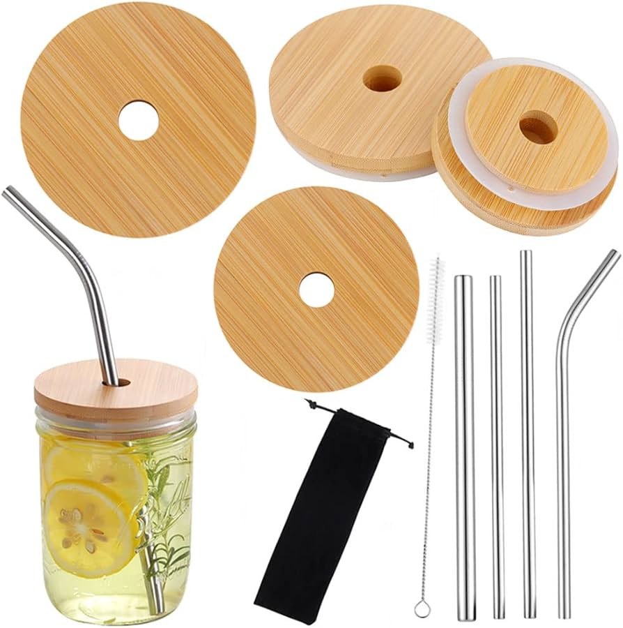 Bamboo Mason Jar Lids with Straw Hole, Bamboo lids for Mason Jars Wide Mouth 86 mm and Regular Mo... | Amazon (US)