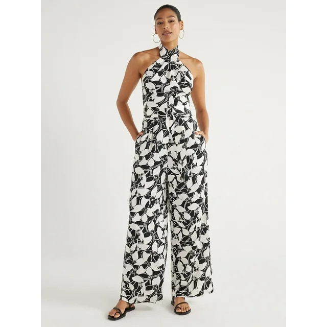 Scoop Women's Wrap Halter Satin Jumpsuit with Wide Leg, 32” Inseam, Sizes XS-XXL | Walmart (US)